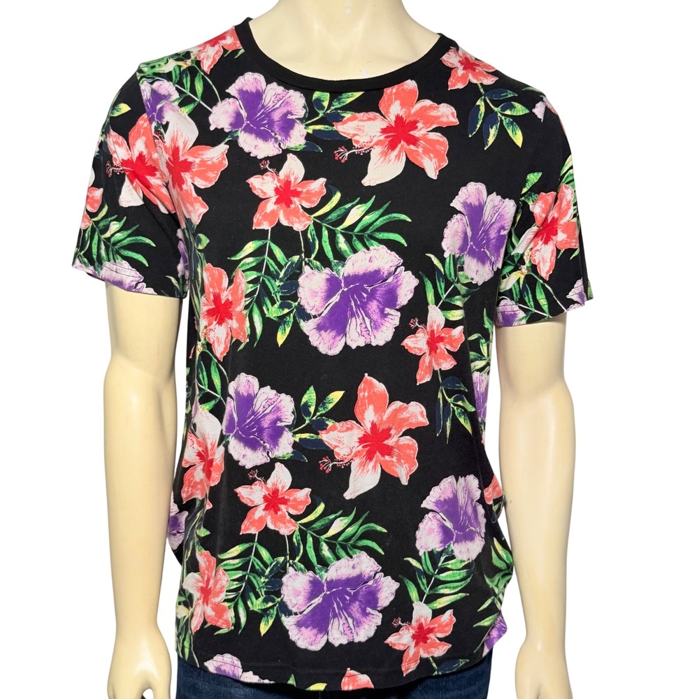 No Boundaries T-Shirt Mens Large Black Tropical Hibiscus Floral Excellent Cotton